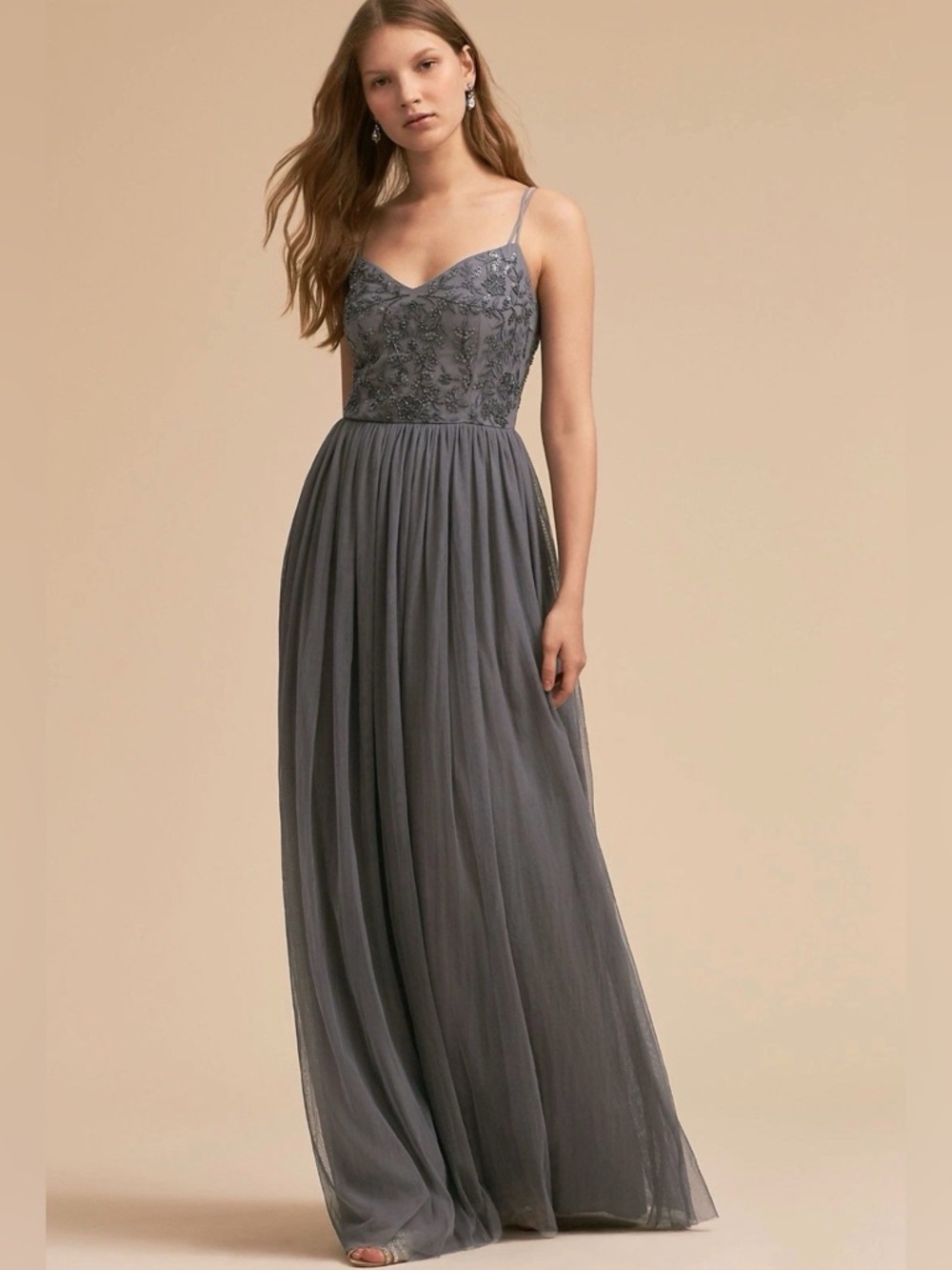 Anthropologie x BHLDN Elowen Embellished Maxi Dress Steel Sz 6